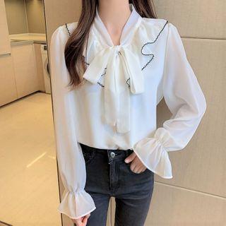 Long-sleeve Tie-neck Ruffled Chiffon Blouse