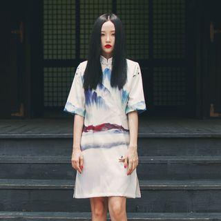 Japanese-style Printed Qipao(waist Belt Not Included) White - One Size