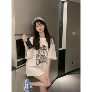 Short-sleeve Cartoon Print T-shirt Gray & White - One Size