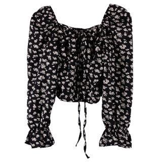 Floral Cropped Blouse Blouse - Floral - White & Black - One Size