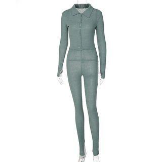 Long-sleeve Button-up Knit Jumpsuit