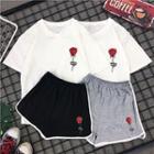Set: Rose Print Short-sleeve T-shirt + Print Sweat Shorts