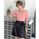 Off Shoulder Short Sleeve T-shirt / Plain Wide Leg Shorts