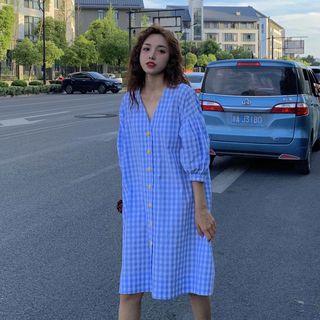 Gingham 3/4-sleeve V-neck Shirtdress