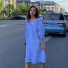 Gingham 3/4-sleeve V-neck Shirtdress