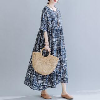 Elbow-sleeve Printed Midi A-line Dress Blue & White - One Size