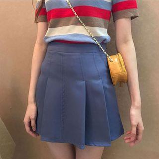 Striped Short-sleeve Knit Top / Pleated Mini Skirt / Set