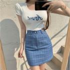 Short-sleeve Lettering T-shirt / Denim A-line Skirt