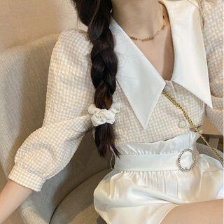 3/4-sleeve Collared Gingham Blouse