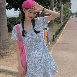 Short-sleeve Floral Mini A-line Dress Blue - One Size