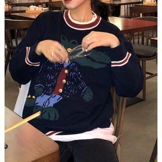Long-sleeve Printed Knit Sweater Navy Blue - One Size