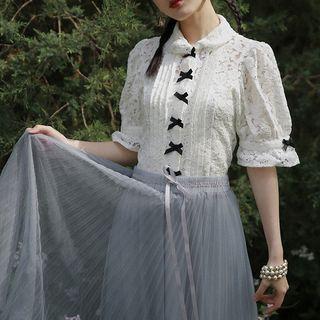 Set: Elbow-sleeve Shirt + Midi Pleated Skirt