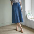 Buttoned Denim Midi A-line Skirt