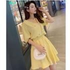 Set: Buttoned Elbow-sleeve Blouse + Mini A-line Skirt