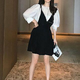 Drawstring Strap Plain Dress + Long-sleeve Plain Top