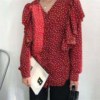 Dot Frilled V-neck Long-sleeve Loose-fit Blouse