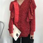 Dot Frilled V-neck Long-sleeve Loose-fit Blouse