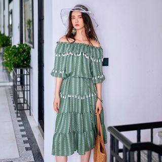 Tassel Off-shoulder Elbow-sleeve Dress