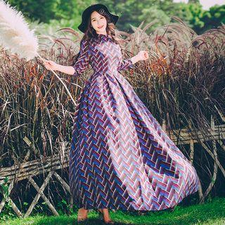 Long-sleeve Patterned Corduroy A-line Maxi Dress