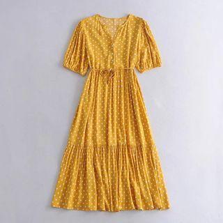 Short-sleeve Dotted Button-up Tiered Midi A-line Dress