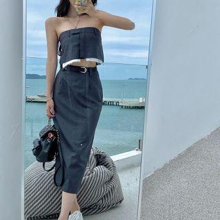 Set: Strapless Top + Midi Pencil Skirt + Belt