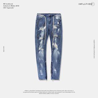 Distressed Zipper-hem Paint-print Slim-fit Jeans