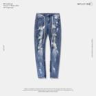 Distressed Zipper-hem Paint-print Slim-fit Jeans