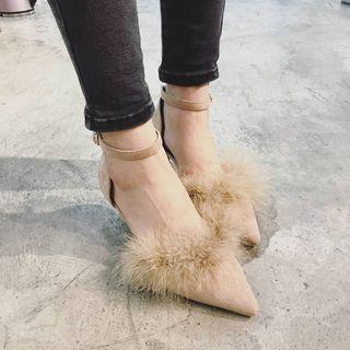 Ankle Strap Furry Pointed Pumps