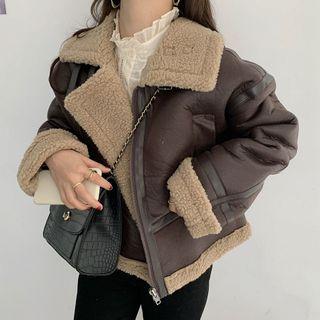 Fleece-lined Zipped Biker Jacket Brown - One Size