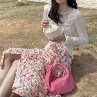 Long-sleeve Paneled T-shirt / Floral Print Midi A-line Skirt