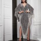 Long-sleeve V-neck Fringed Midi Sheath Dress
