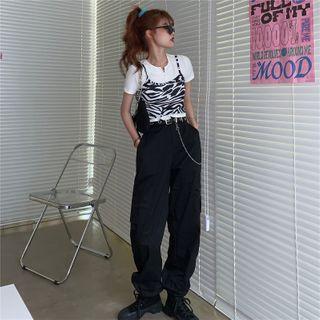 Zebra Print Camisole Top / Short-sleeve Cardigan / Wide-leg Pants / Belt
