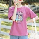 Short-sleeve Graphic Print T-shirt Rose Pink - One Size