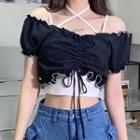 Short Sleeve Off-shoulder Contrast-trim Ruffled Drawstring Crop Top
