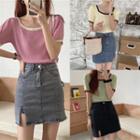 Color Block T-shirt / High Waist Denim Skirt