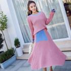 Set: Color Block Sweater + Knitted A-line Midi Skirt