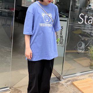 Short-sleeve Loose Fit Bear Printed T-shirt Blue - One Size