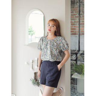 Round-neck Shirred Floral Top
