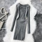 Long-sleeve Lace-up Mini Sheath Knit Dress