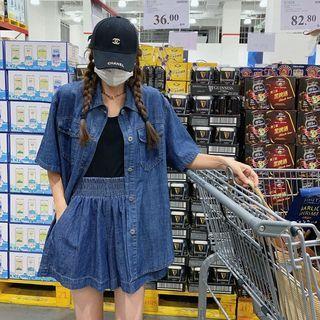 Set : Denim Shirt + High-waist Wide Leg Shorts