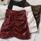 Ruched Mini A-line Faux Leather Skirt