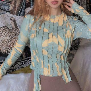 Long-sleeve Camo Print Paneled T-shirt