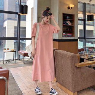Round Neck Short-sleeve Plain Maxi Dress