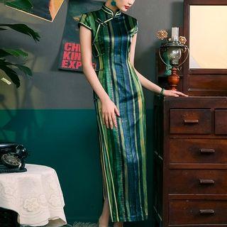 Cap-sleeve Striped Silk Qipao