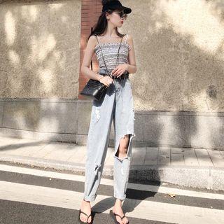 Spaghetti Strap Top / Distressed Straight-fit Jeans / Belt