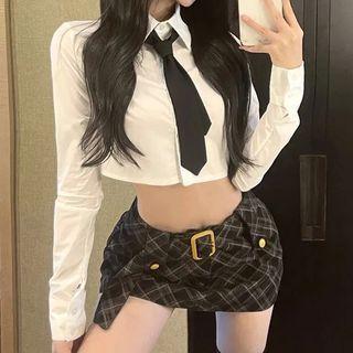 Crop Shirt / Neck Tie / Belted Plaid Pencil Skirt / Set