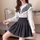 Set Of 2: Long-sleeve Striped Ruffle-trim Knit Top + High-waist Plain Pleated Skirt