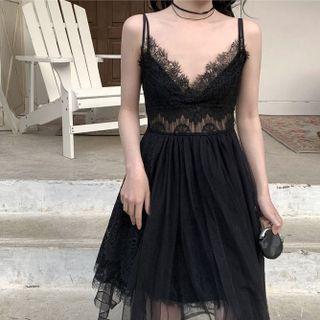 Spaghetti Strap Lace Asymmetrical A-line Dress