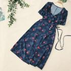 Printed Short-sleeve Wrap Front A-line Midi Dress
