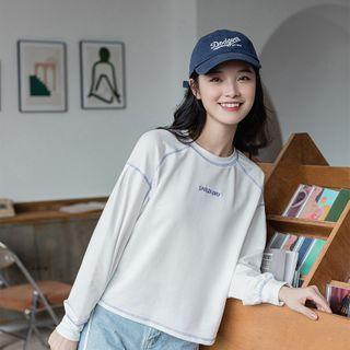 Long-sleeve Letter Embroidered T-shirt / Striped Cropped Straight Leg Jeans